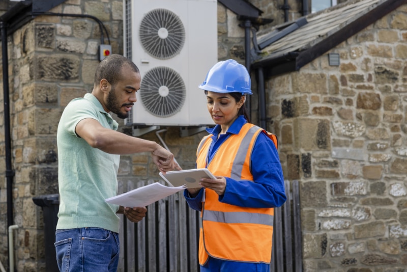 What Is a Heat Pump? An air source heat pump on the side of a home being installed in the North East of England. The house is aiming to be sustainable. There is a construction worker with a hard hat and reflective jacket holding a digital tablet, talking to the home owner who is showing her documents.